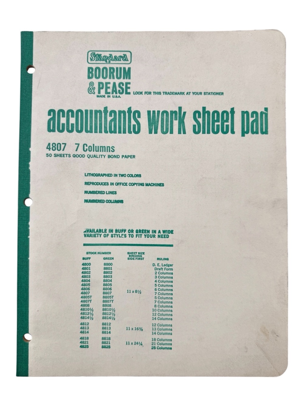 Boorum & Pease Accountants Work Columnar Pad 11x8.5 in #4807, 7 Columns Green